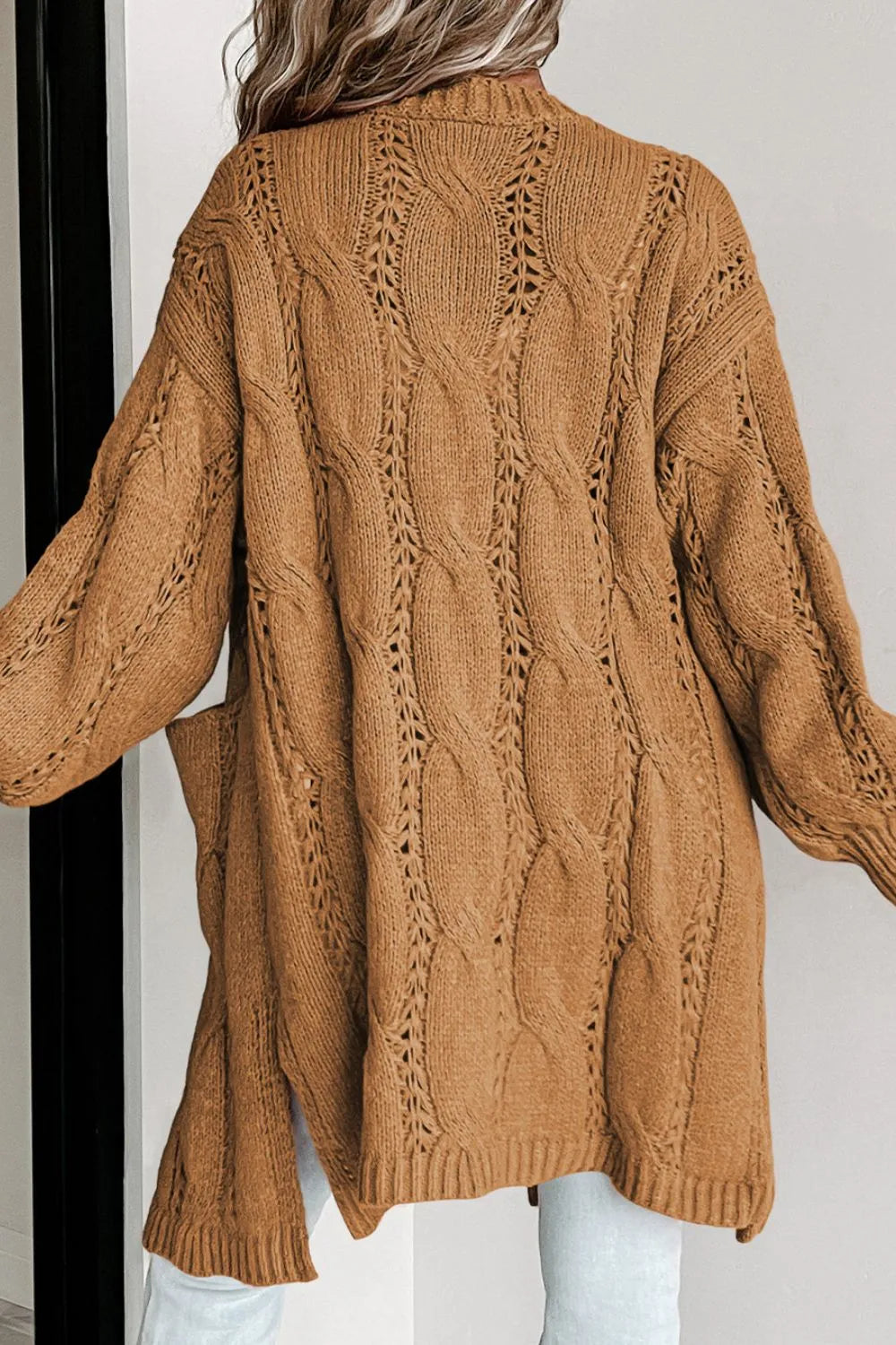 Cable-knit Dropped Shoulder Slit Cardigan (8)