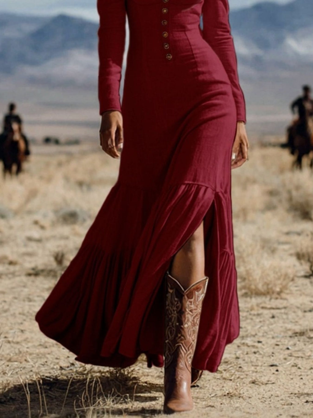 Slit Long Sleeve Tiered Maxi Dress (6)