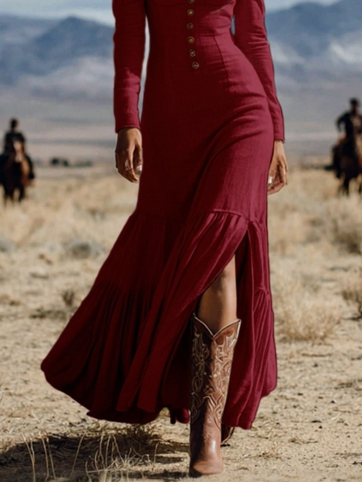 Slit Long Sleeve Tiered Maxi Dress (6)