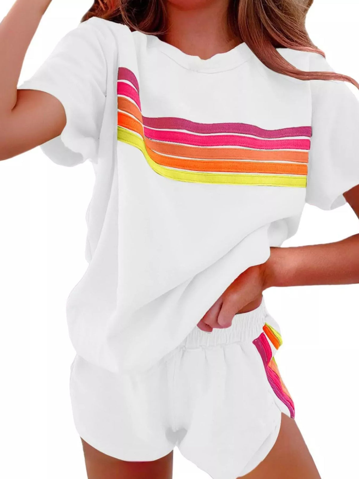 Rainbow Striped Round Neck Top Shorts Set (19)