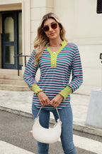 Contrast Striped Notched Long Sleeve Top (24)