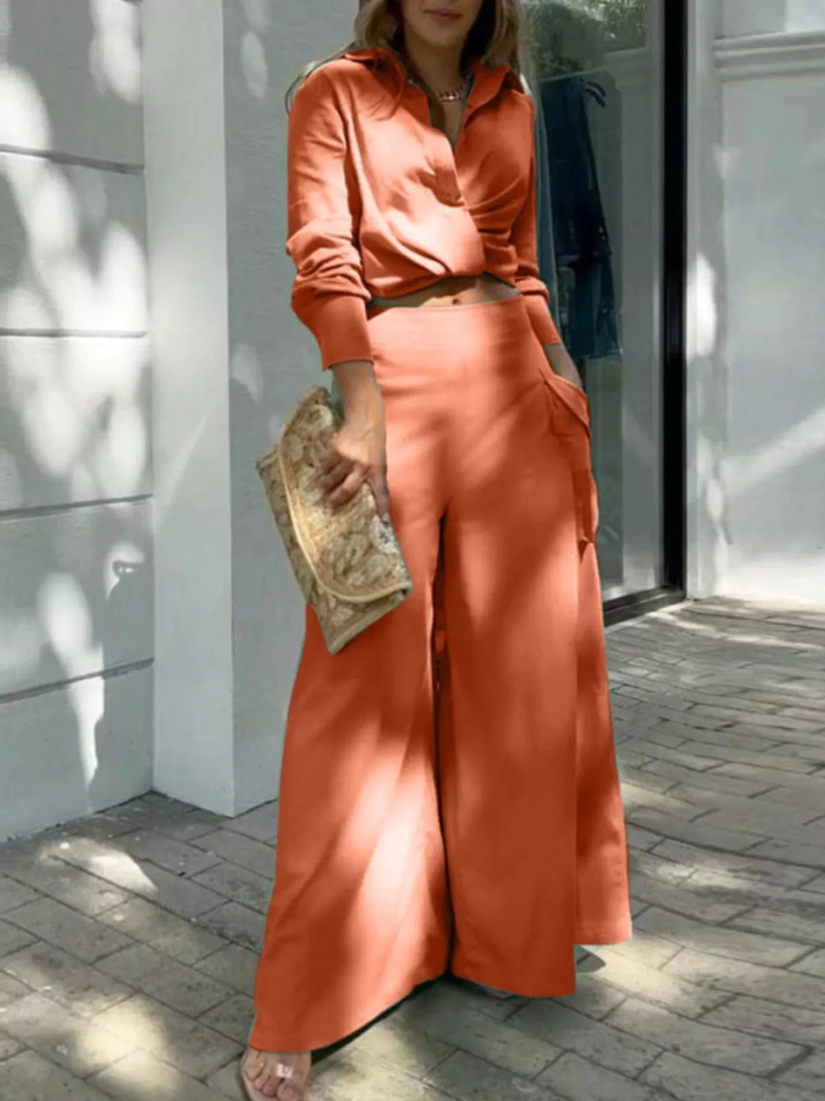 Long Sleeve Shirt Wide Leg Pants Set (7)