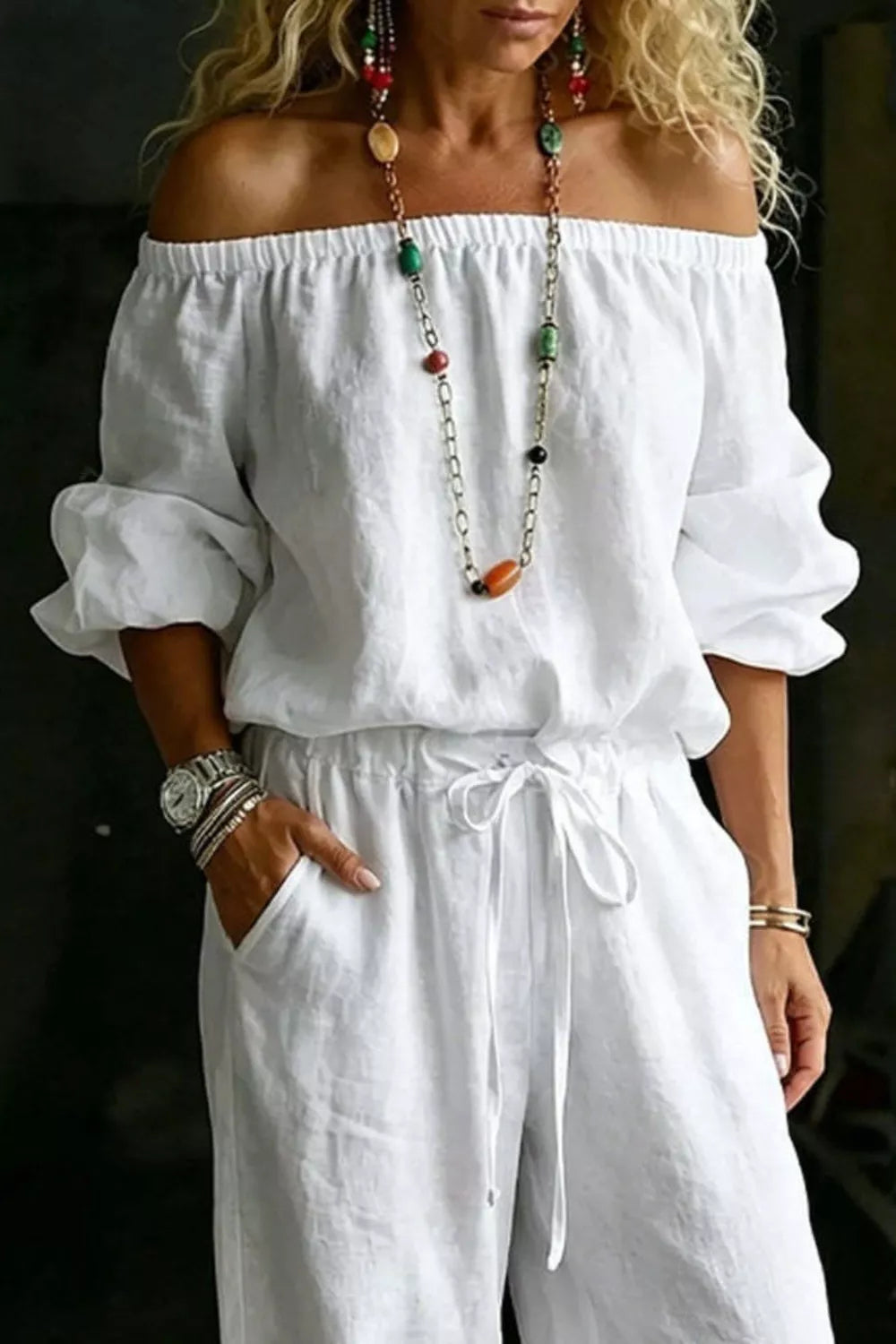 Full Size Off-shoulder Top Pants Set Plus (2)