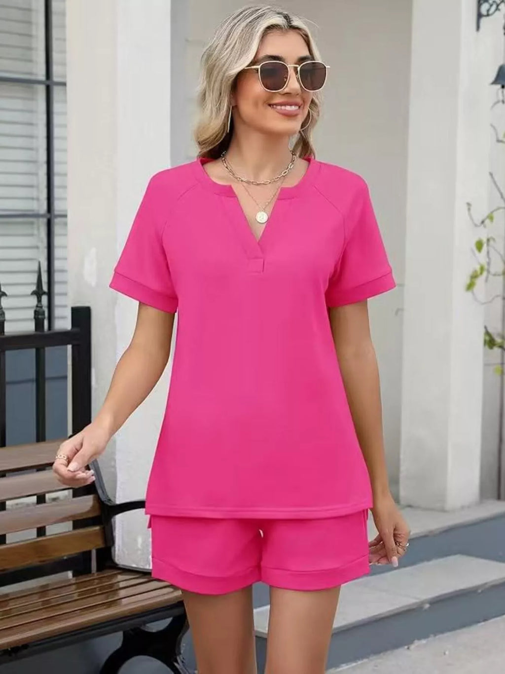 Solid Color Short Sleeve Top Shorts Two-piece Set (20)