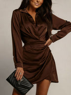 Collared Neck Long Sleeve Satin Dress (5)