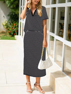 Striped Polo Collar Top Slit Skirt Two-piece Set (2)