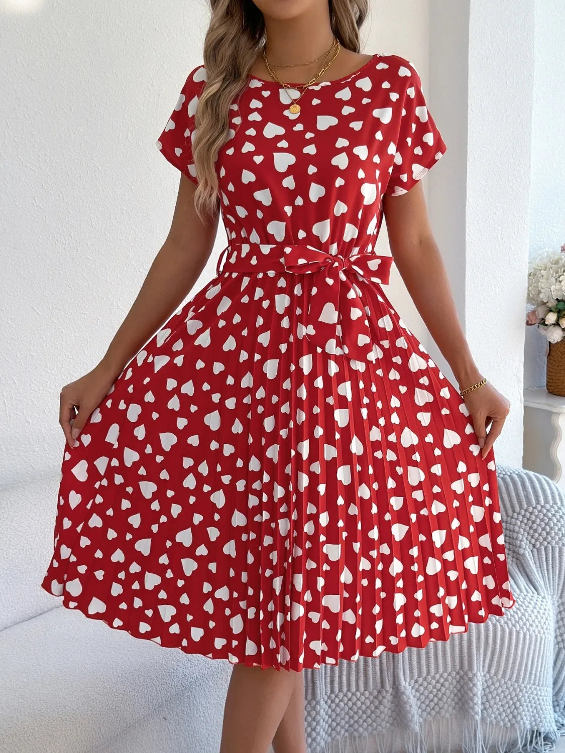 Heart Print Short Sleeve Tie Waist Dress (11)