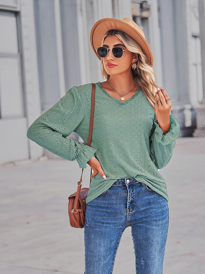 Eyelet V-neck Flounce Sleeve Blouse (3)