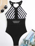 Mesh Detail Backless Striped One-piece Swimsuit (11)