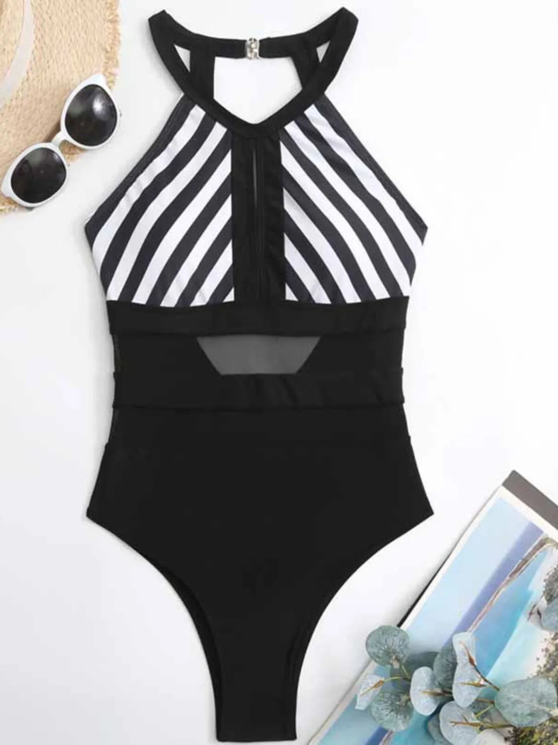 Mesh Detail Backless Striped One-piece Swimsuit (11)