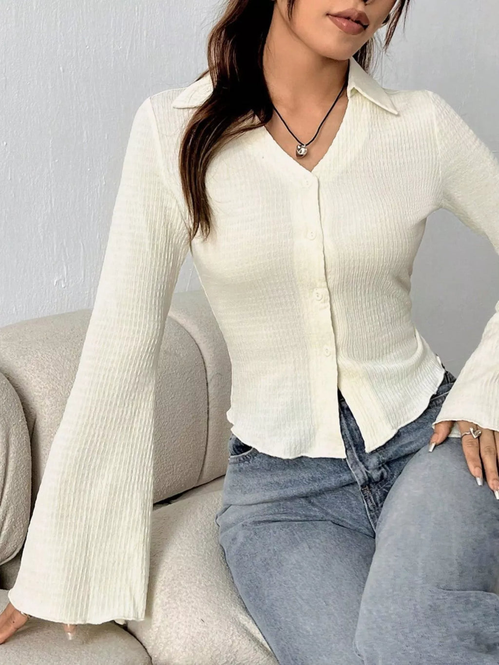 Button Up Flare Sleeve Shirt (2)