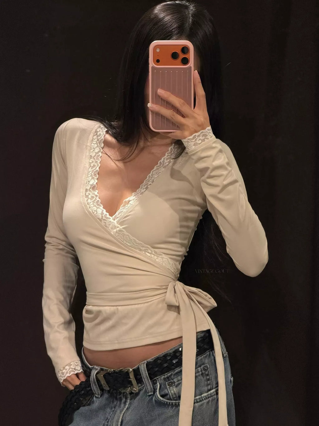 Lace-trimmed Long Sleeves Wrap Blouse (4)