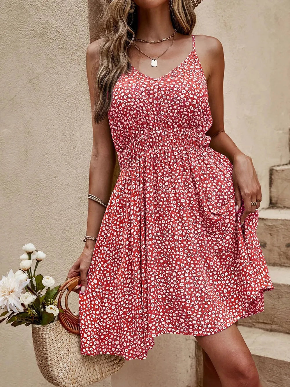 Floral V-neck Mini Cami Dress (4)