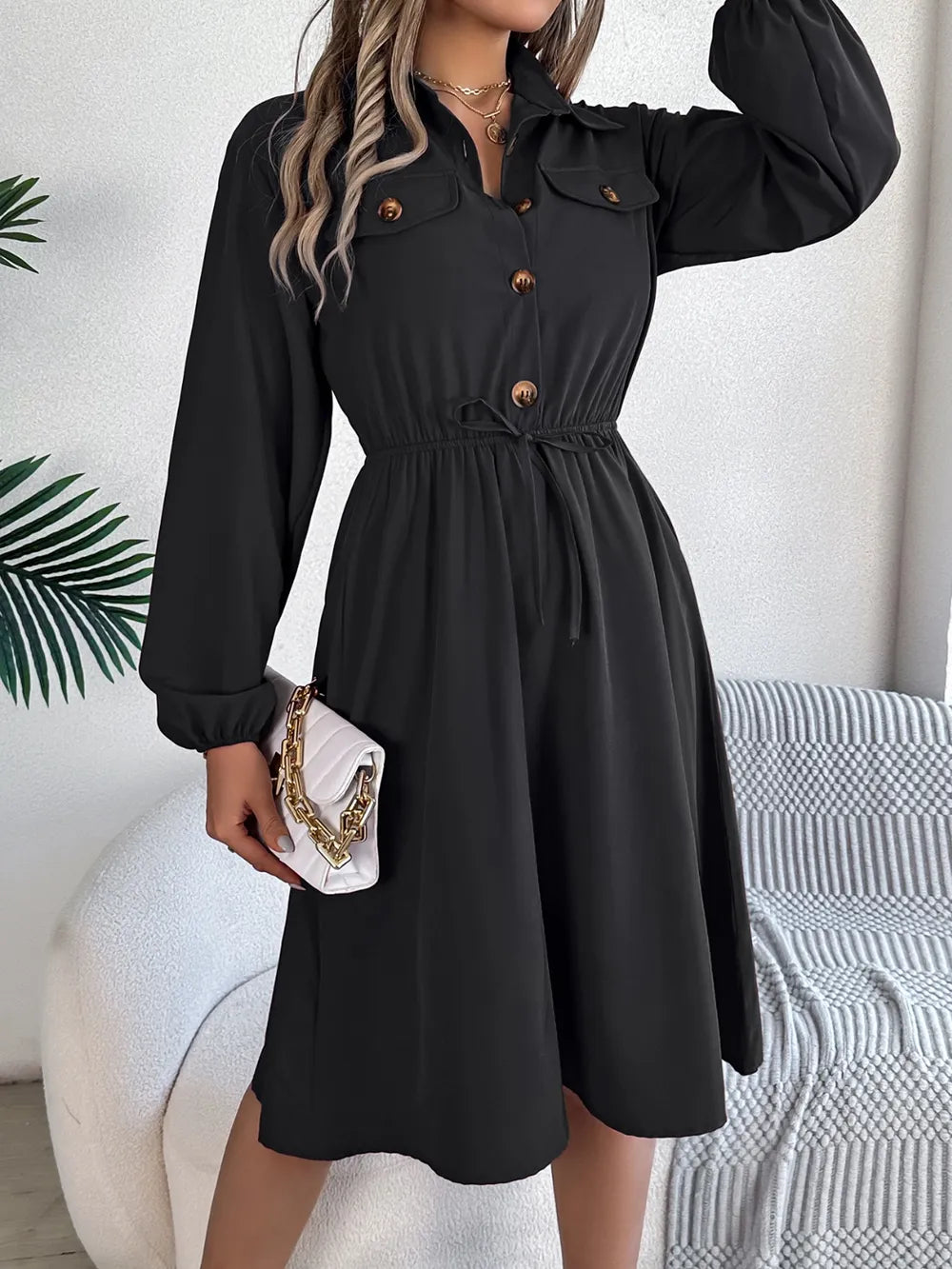 Collared Neck Long Sleeve Dress Pockets (16)