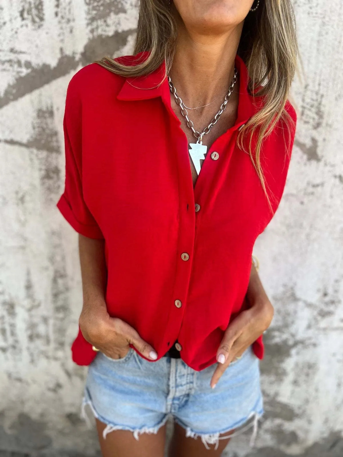 Full Size Casual Button Down Short Sleeve Loose Shirt Plus (8)