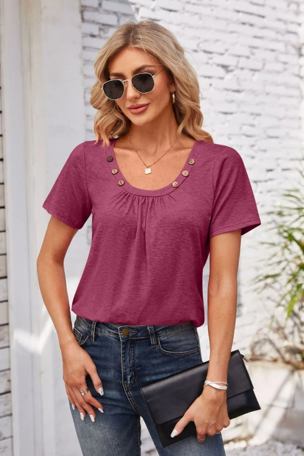 Decorative Button Scoop Neck T-shirt (30)