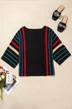 Striped Boat Neck Three-quarter Sleeve Knit Top (5)