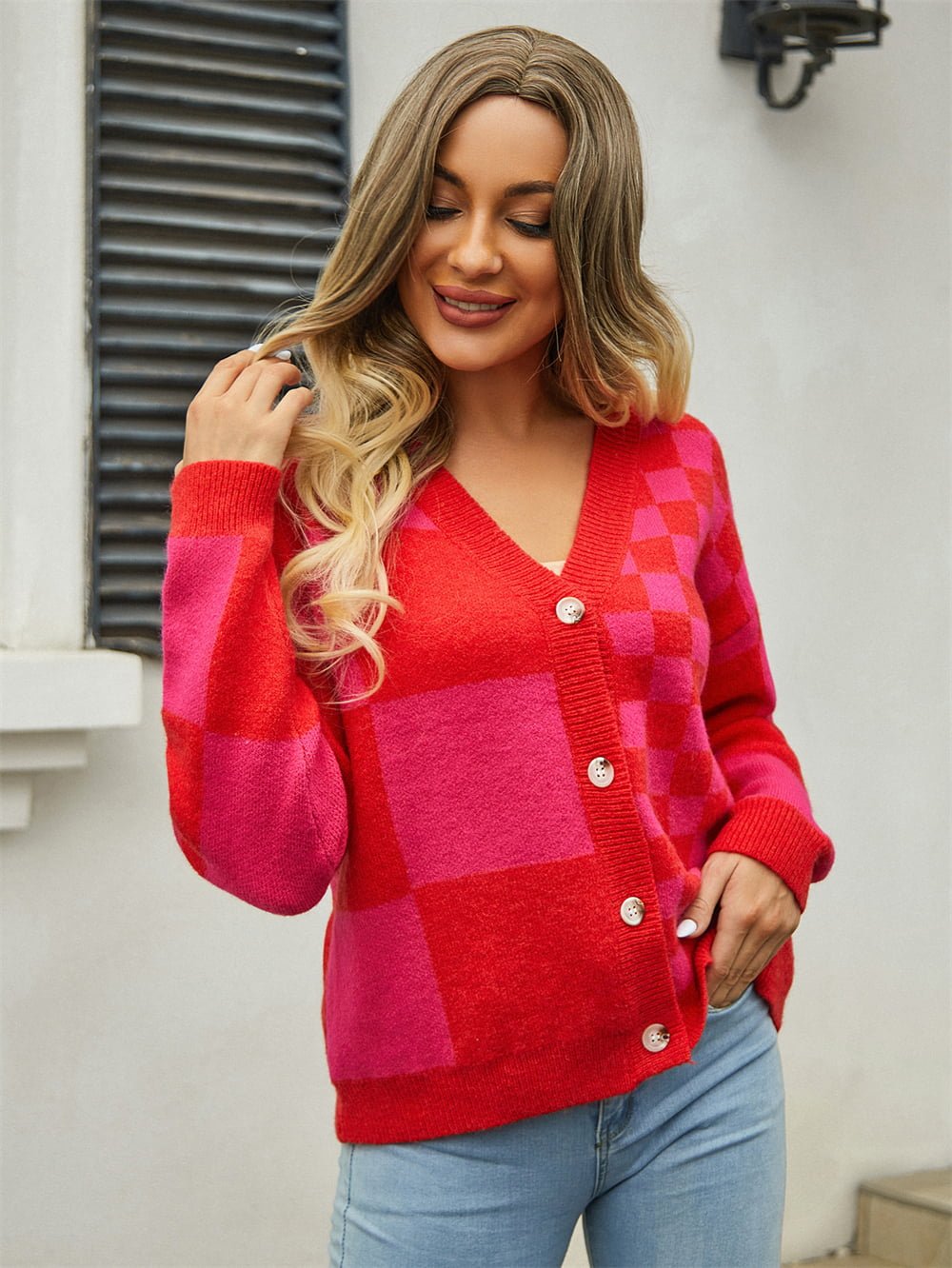 Plaid V-neck Dropped Shoulder Cardigan (5)