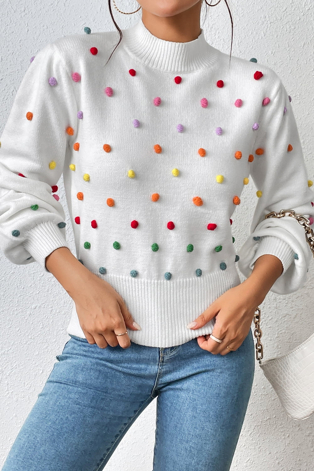 Pom-pom Trim Mock Neck Long Sleeve Pullover Sweater (3)