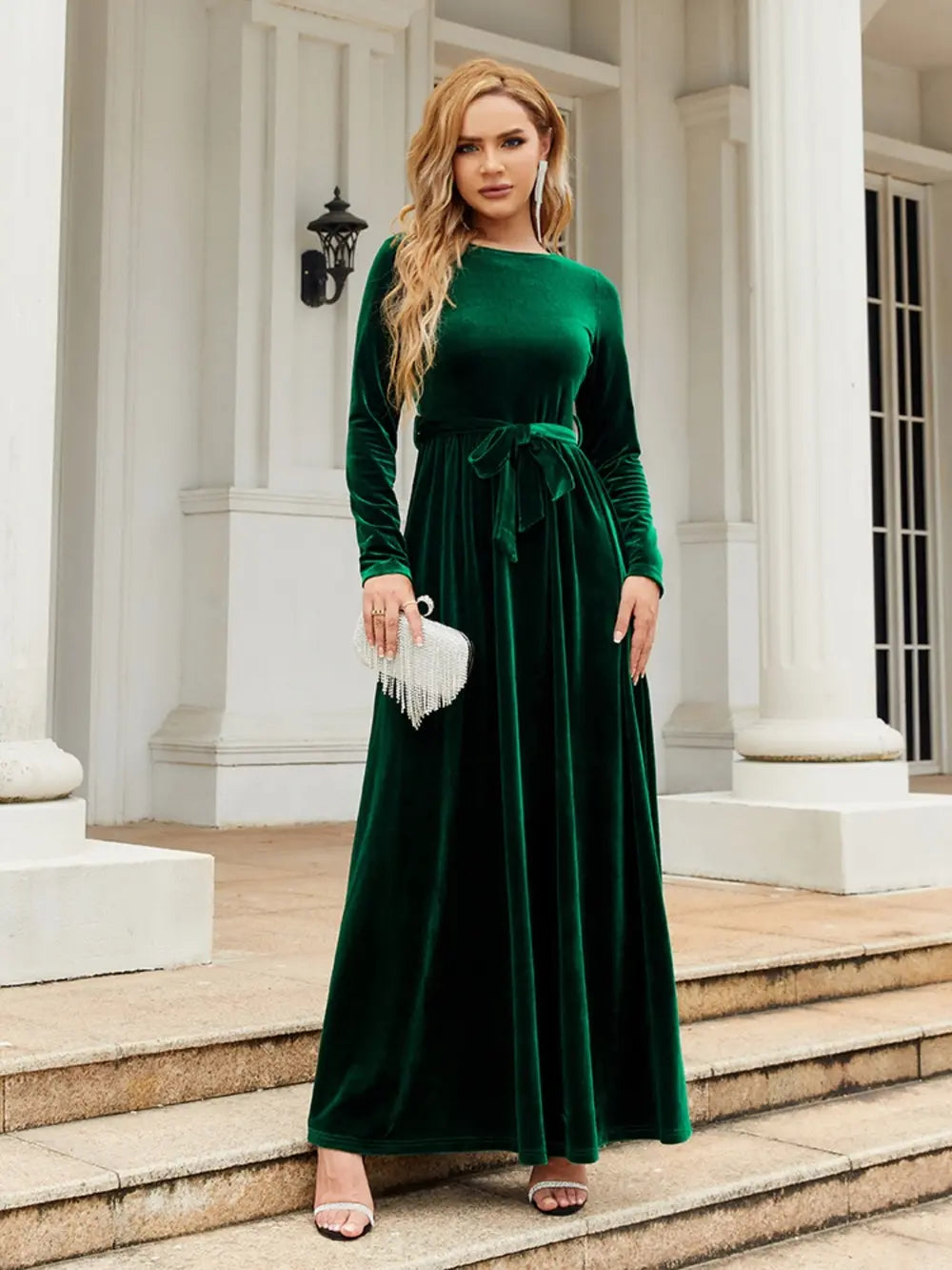 Tie Front Round Neck Long Sleeve Maxi Dress (10)