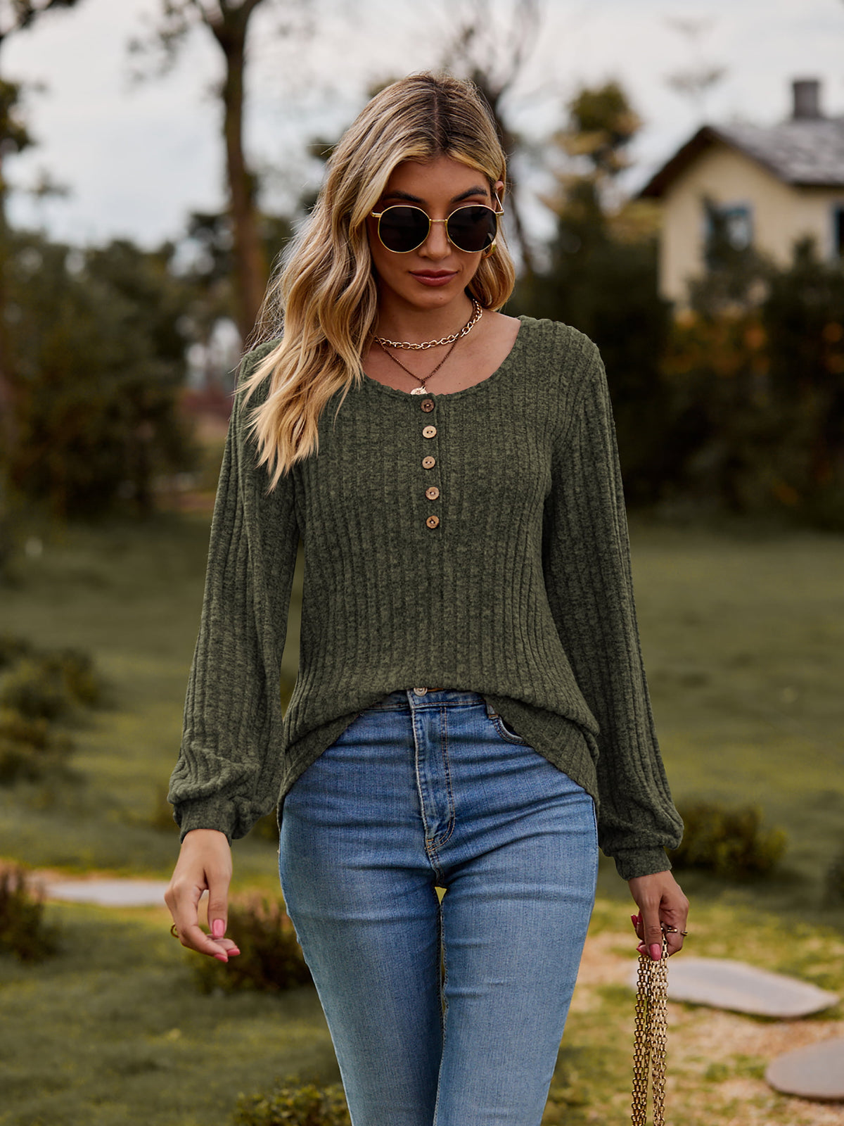 Round Neck Button-down Long Sleeve Tee (22)