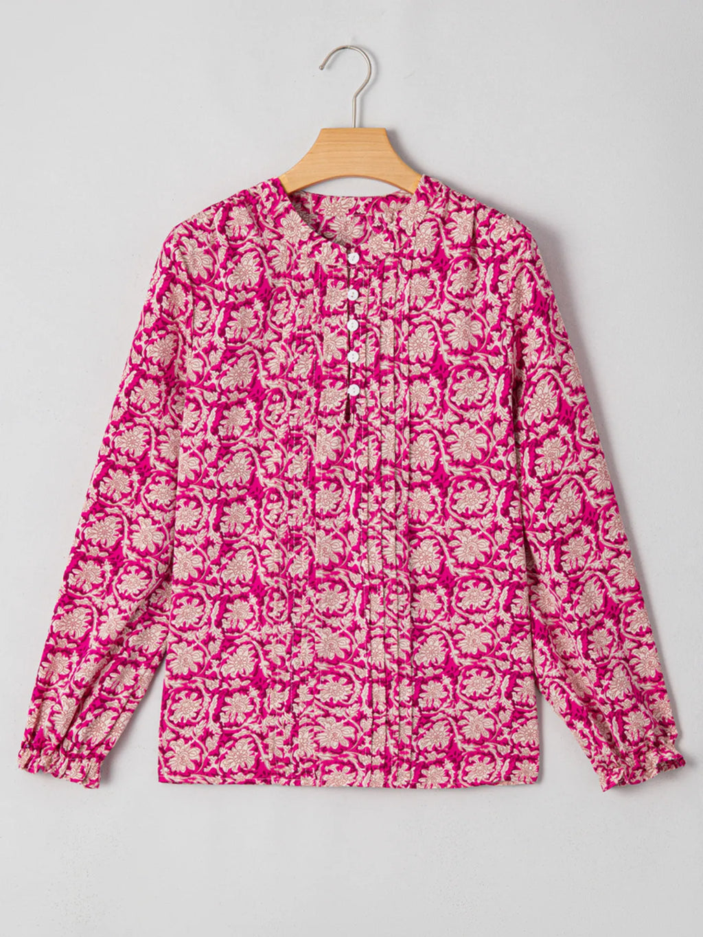 Floral Print Split Neck Pleated Long Sleeve Blouse (6)