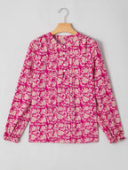 Floral Print Split Neck Pleated Long Sleeve Blouse (6)