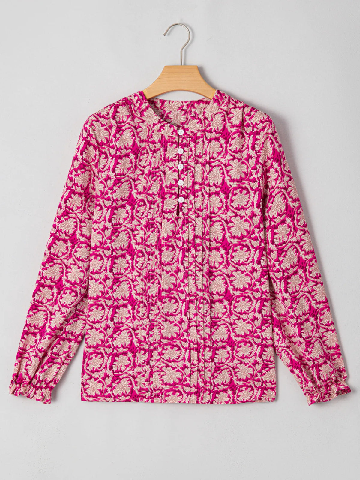 Floral Print Split Neck Pleated Long Sleeve Blouse (6)