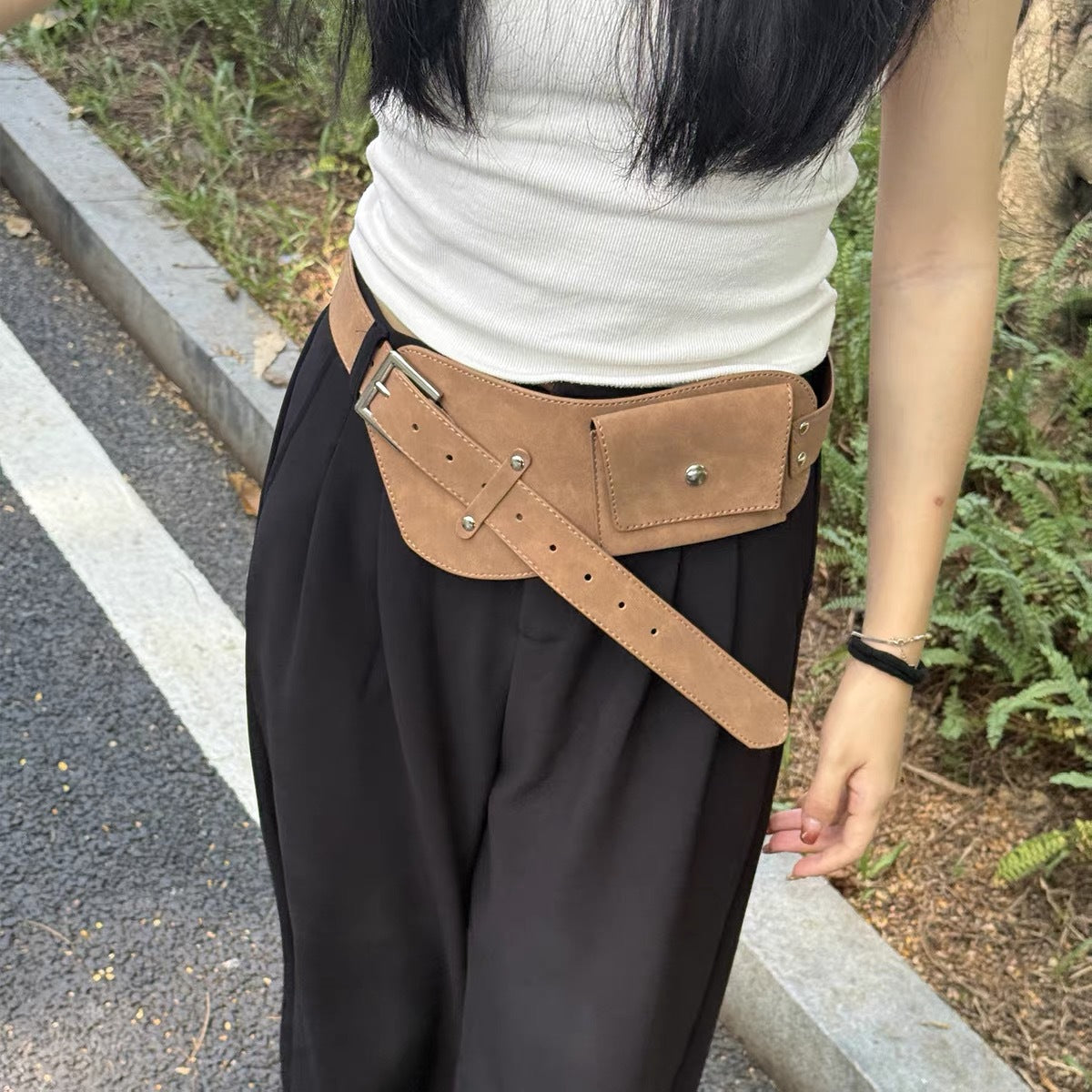 Retro Brown Suede Wide Belt variant CJYD280490501AZ