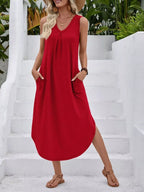 Casual Sleeveless V-neck Pocket Midi Dress (10)