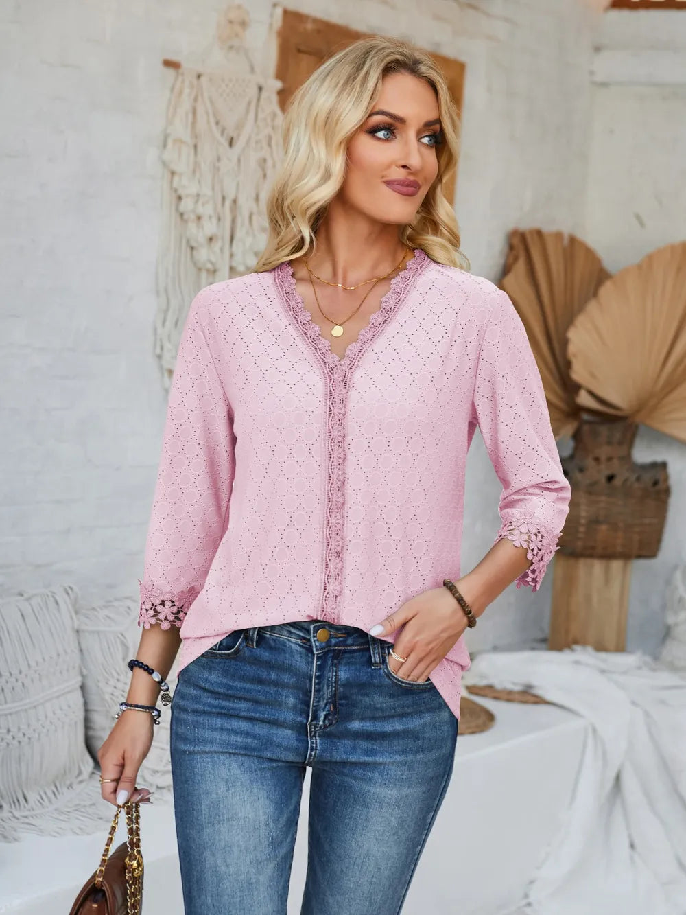 Lace Detail V-neck Three-quarter Sleeve Blouse (14)
