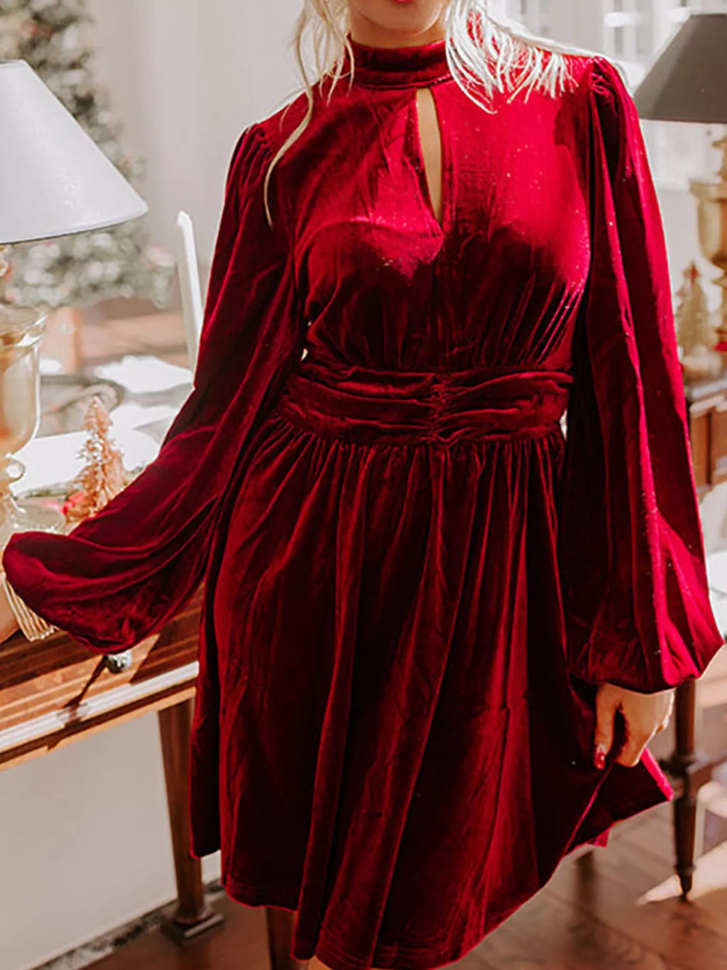 Velvet Mock Neck Balloon Sleeve Dress (10)
