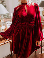 Velvet Mock Neck Balloon Sleeve Dress (10)