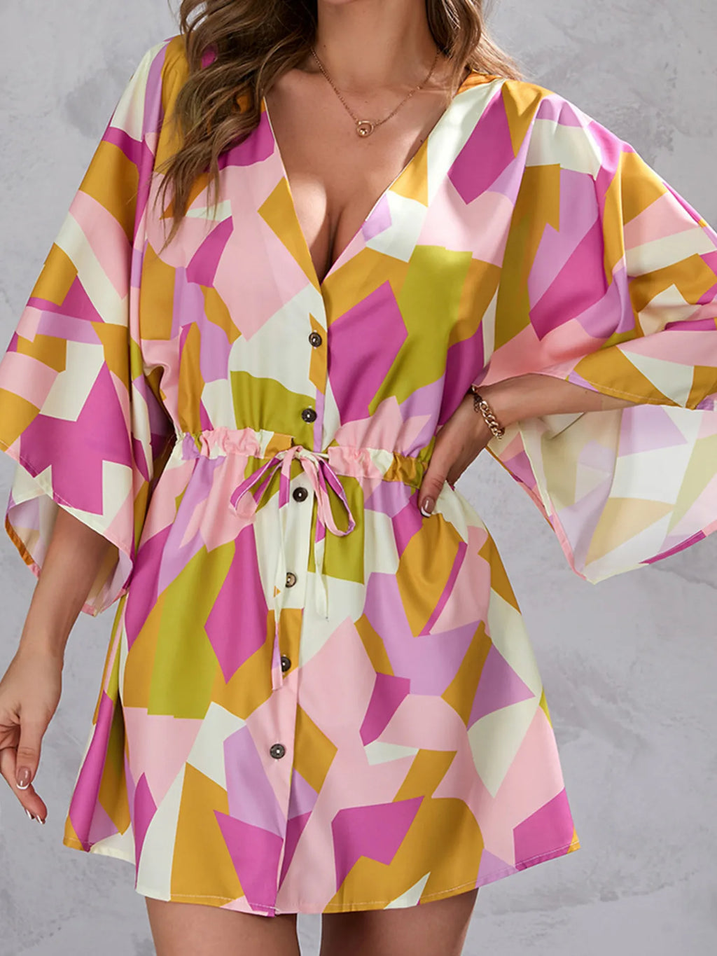 Block Drawstring Waist Button Up Dress (4)
