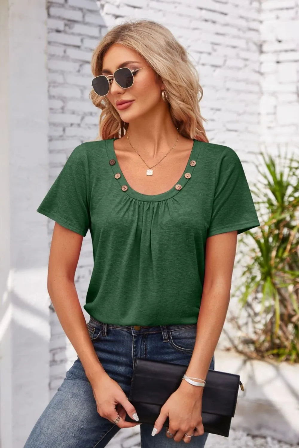 Decorative Button Scoop Neck T-shirt (26)