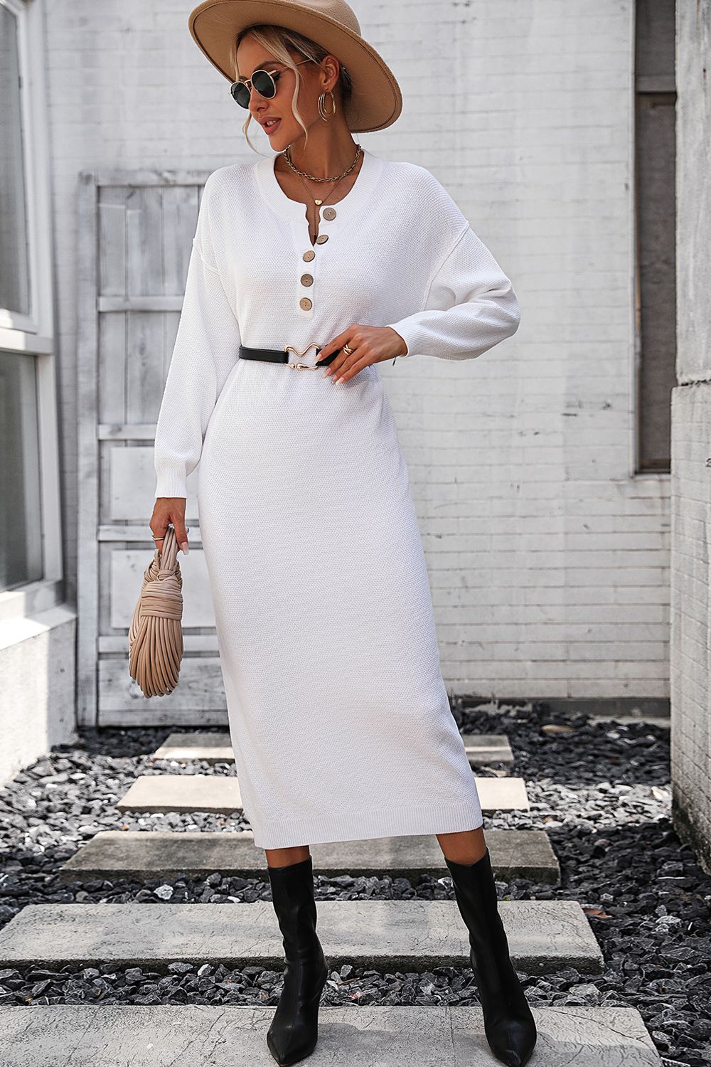 Notched Neck Dropped Shoulder Button-down Midi Dress (13)