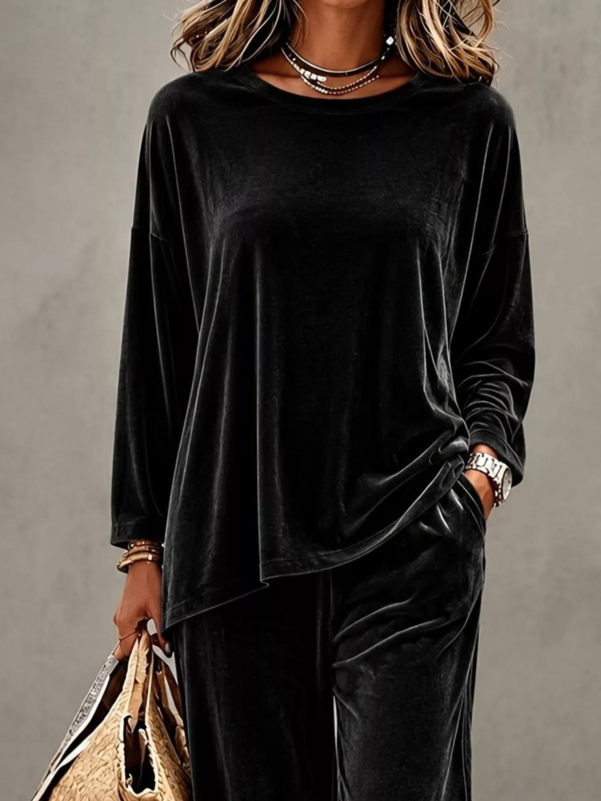 Full Size Velvet Long Sleeve Top Pants Set Plus (8)