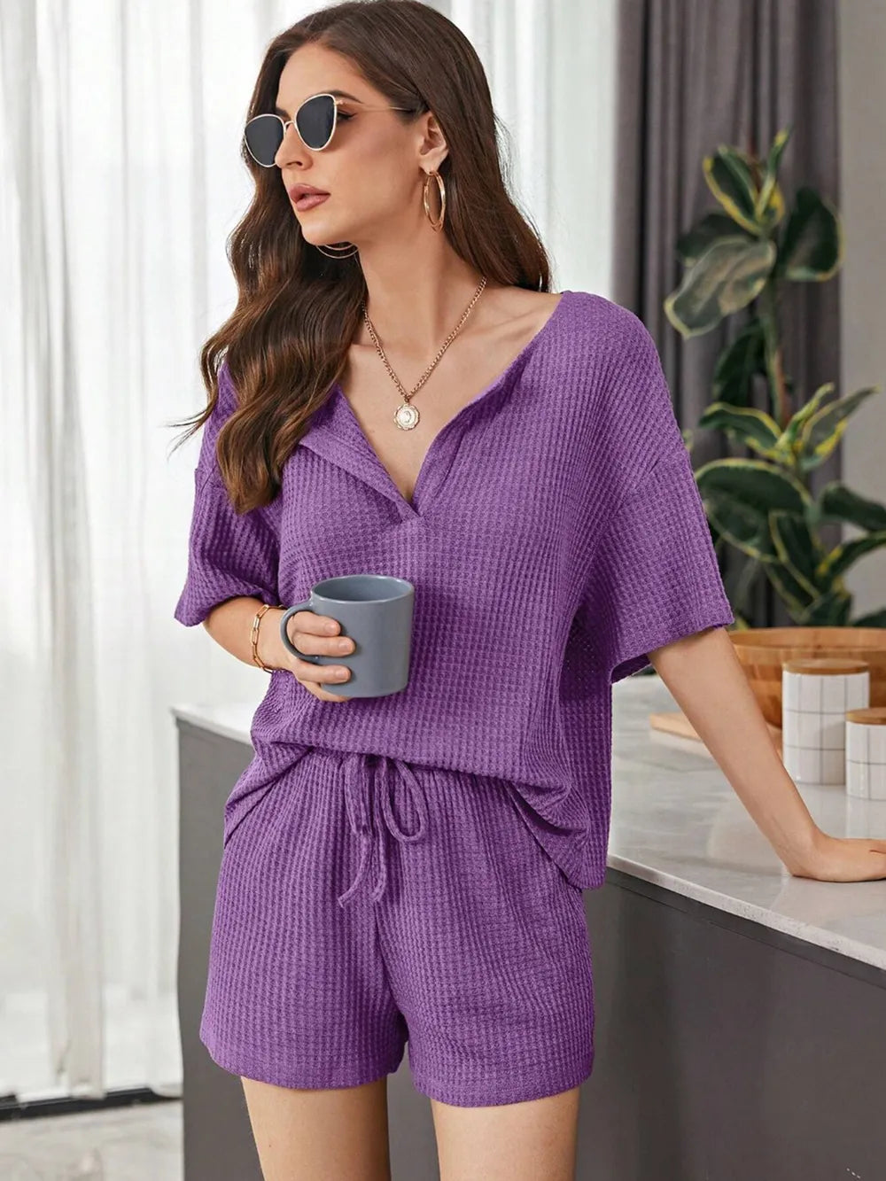 Full Size Waffle-knit Dropped Shoulder Top Shorts Set (25)