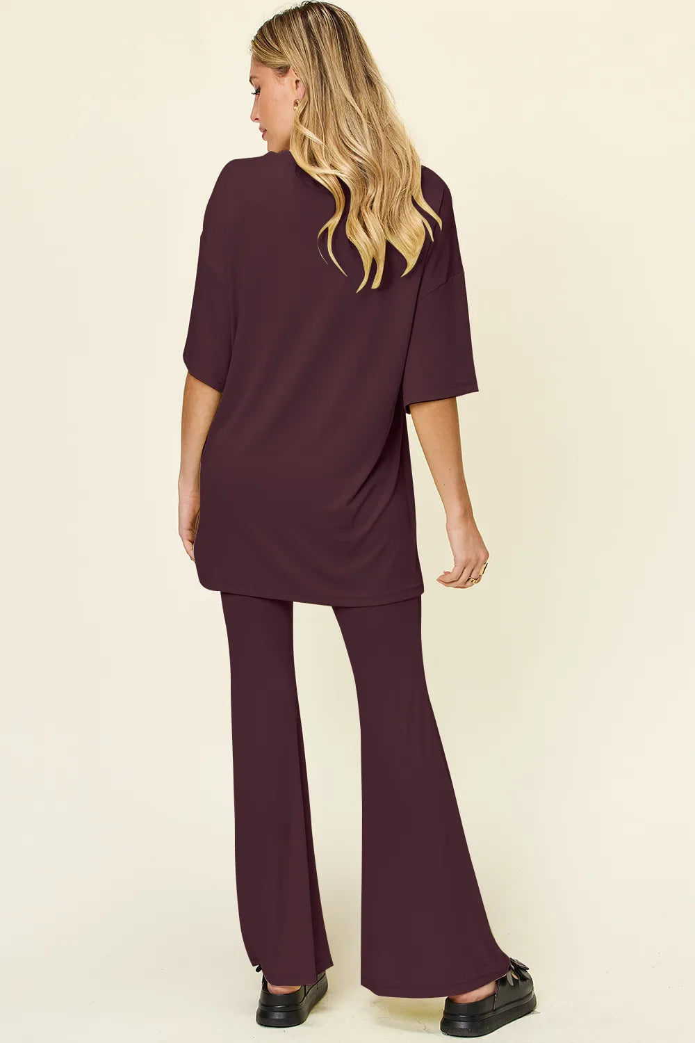 Full Size Round Neck Drop Shoulder T-shirt Flare Pants Set (24)