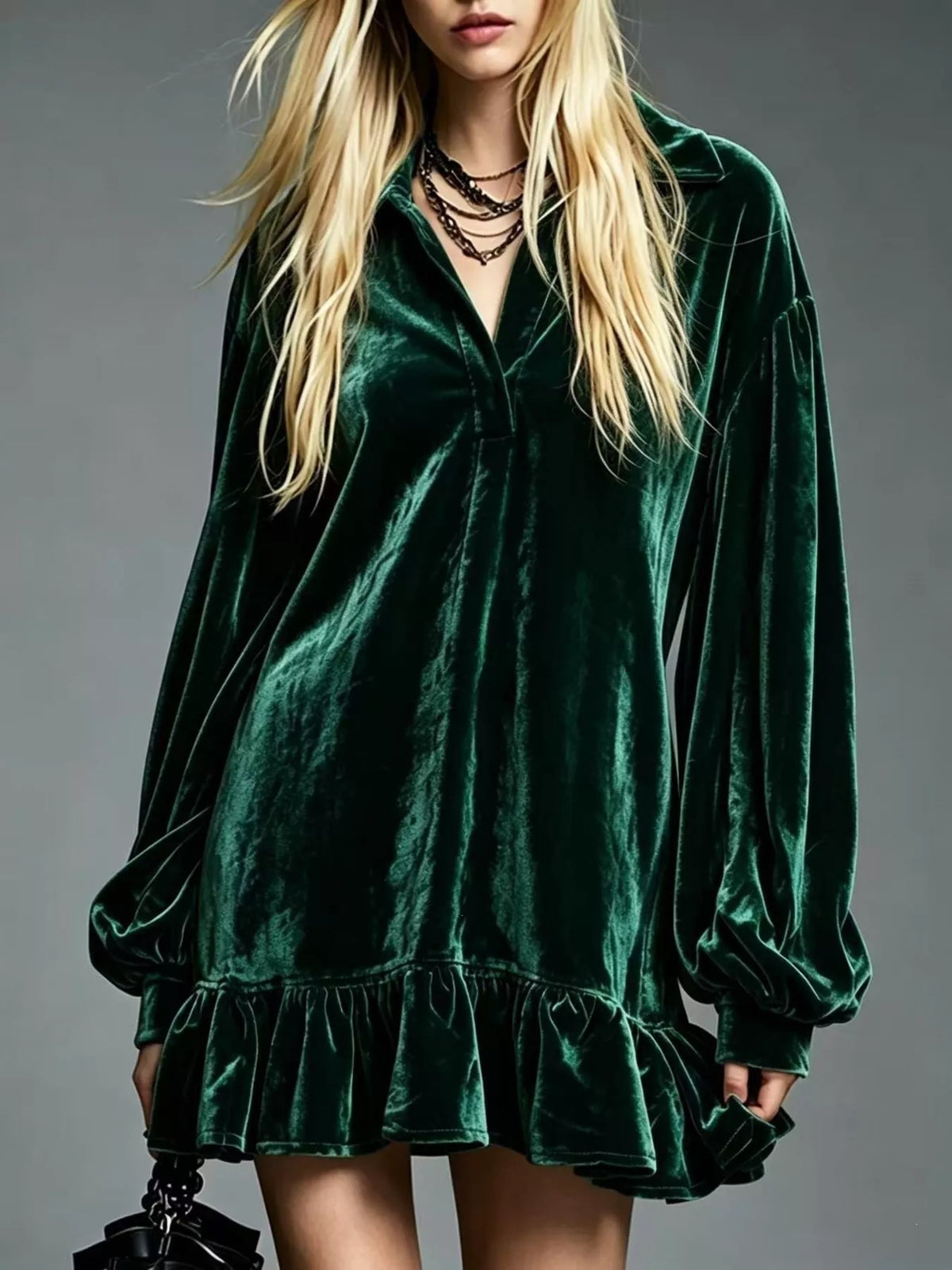 Full Size Velvet Ruffled Hem Long Sleeve Dress Plus (18)