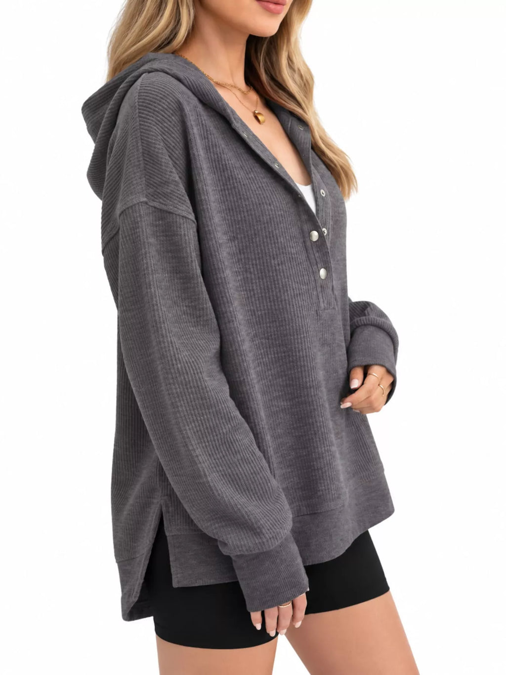 Full Size Snap Button Placket Dropped Shoulder Hoodie Plus (20)