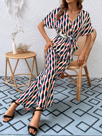 Printed Surplice Tie Waist Short Sleeve Jumpsuit (18)