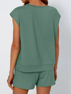 Round Neck Cap Sleeve Top Shorts Set (2)