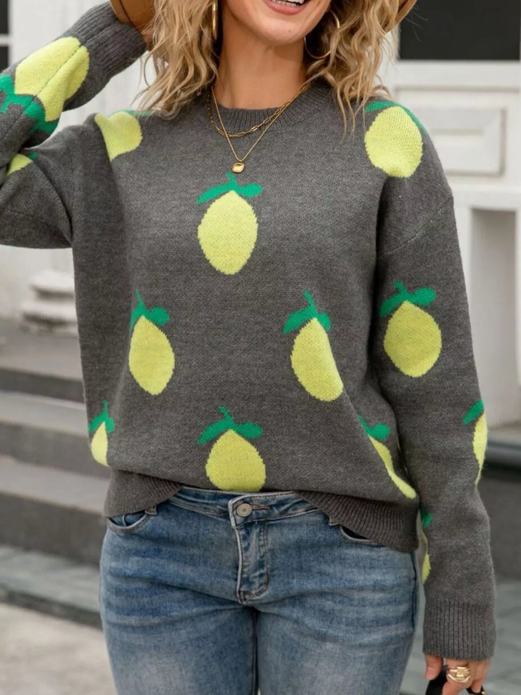 Lemon Crew Neck Round Neck Sweater (14)