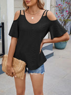 Round Neck Cold Shoulder Eyelet T-shirt (9)