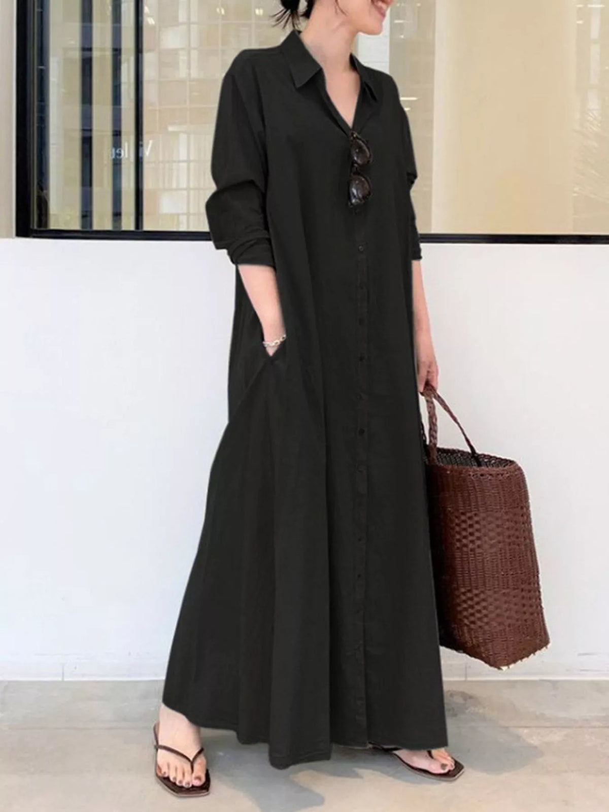 Full Size Button Front Long Sleeve Maxi Shirt Dress Plus (24)