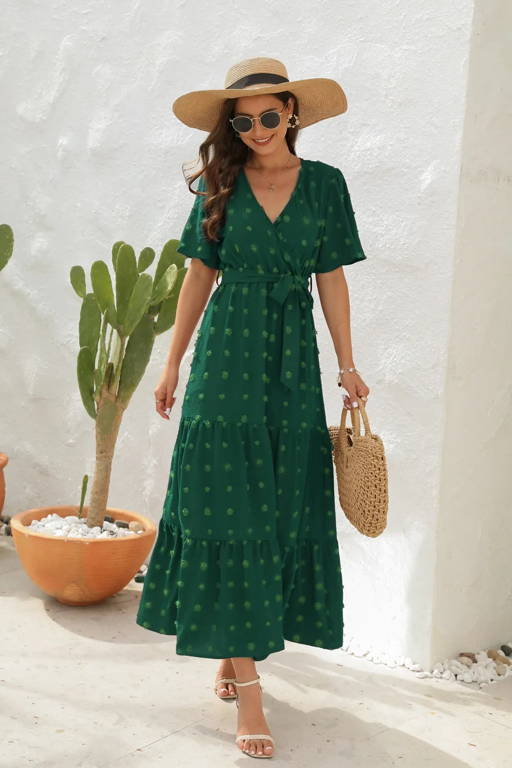 Swiss Dot Tied Surplice Short Sleeve Dress (3)