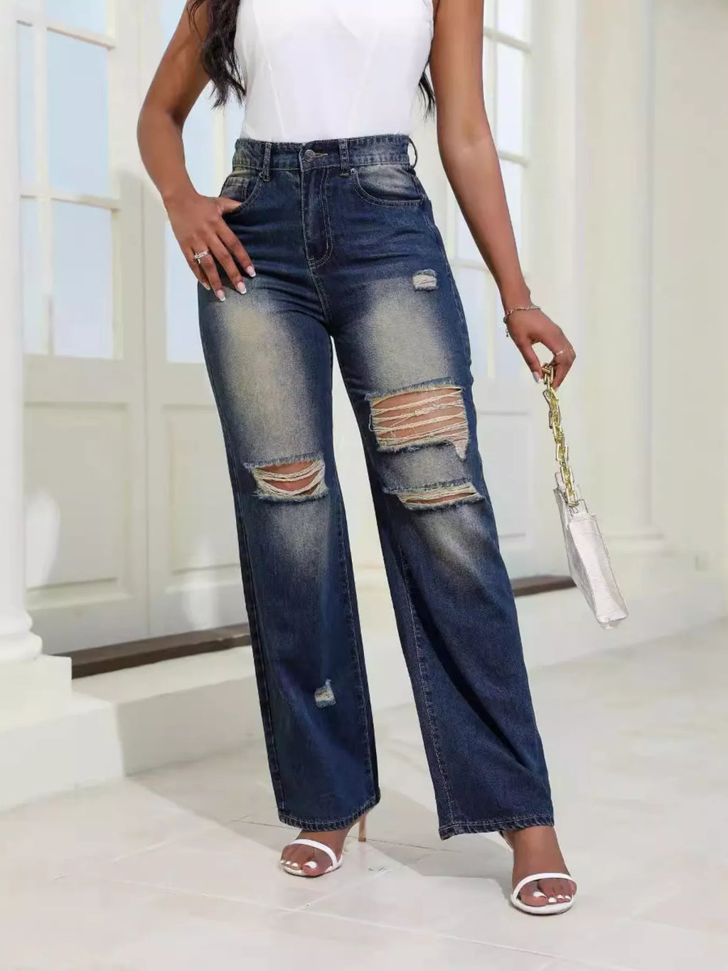 High-waisted Distressed Wide-leg Jeans (7)