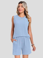 Casual Ribbed Knit Sleeveless Top Shorts Set (17)