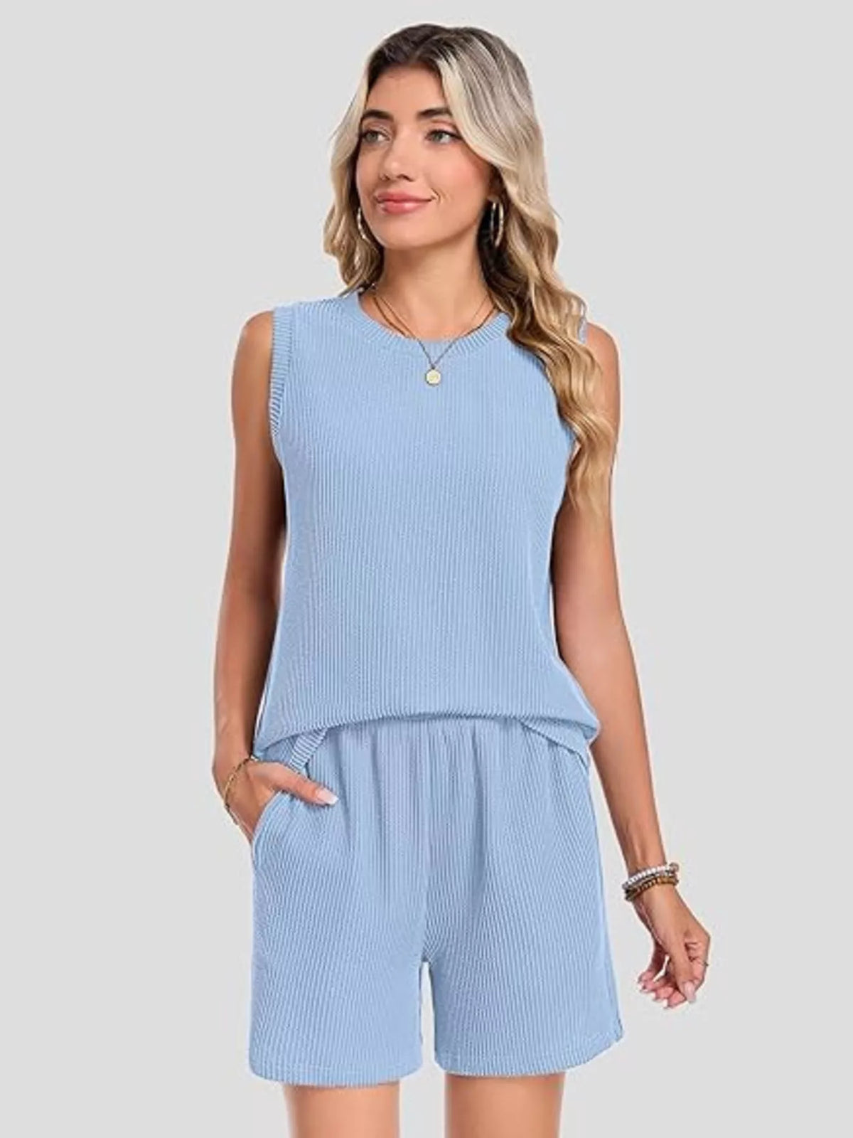 Casual Ribbed Knit Sleeveless Top Shorts Set (17)